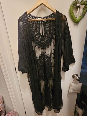 Rachel Zoe Black Lace Kimono Duster Whimsigoth Fairy Core OS Cover Up EUC